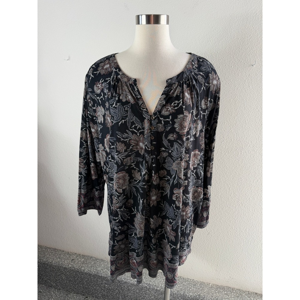 Lucky Brand Womens Plus 3X Floral Paisley V Neck 3/4 Sleeve Blouse Tunic Top